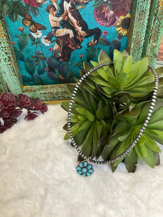 faux silver pearl choker necklace with floral turquoise pendant boho western jewelry