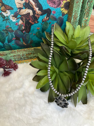 silver pearl choker with black floral pendant layered boho style necklace