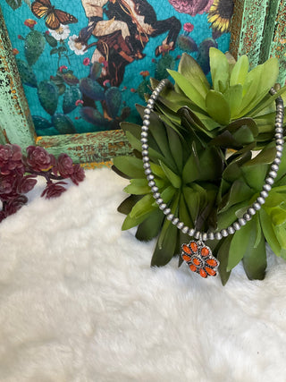rustic pearl choker with flower stone pendant orange and silver tone necklace