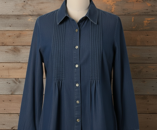 Women's cotton denim shirt with pintuck front detail and button closure