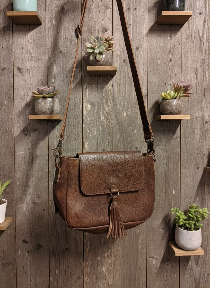 Brown genuine leather hobo bag with adjustable strap, flap closure, and leather fringe tassel