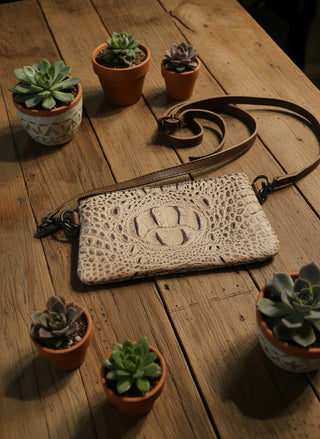 tan embossed leather clutch crossbody bag croc texture western chic compact purse