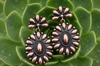 Copper-tone western drop earrings with floral concho-inspired medallion design and matching stud tops.