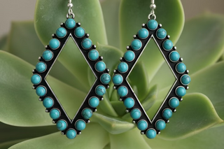 Open diamond-shaped earrings lined with round turquoise beads on a silver-tone frame with French hooks.