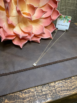 Gold plated lock pendant necklace with CZ stones on a delicate adjustable chain