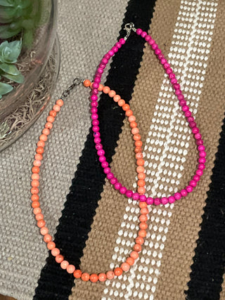 Colorful beaded choker necklace in magenta and orange lightweight summer jewelry