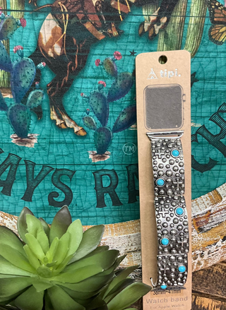 Silver-tone western Apple Watch band with bubble dot design, faux turquoise stones, and cross detailing