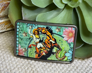 Metal western belt buckle with vintage cowgirl illustration fits snap belts