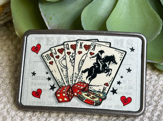 Western belt buckle with playing cards dice and poker chips metal cowgirl accessory