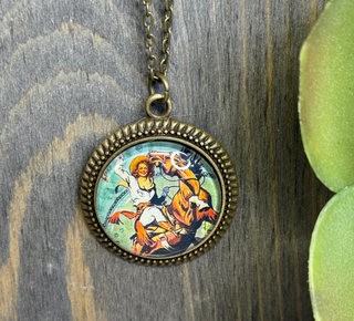 retro western necklace cowgirl graphic under glass bronze chain