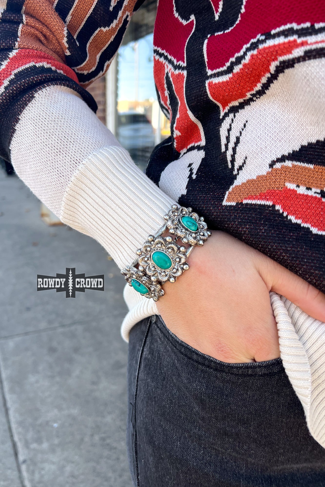 three band silver toned cuff bracelet with three scalloped pendants with turquoise stone accents