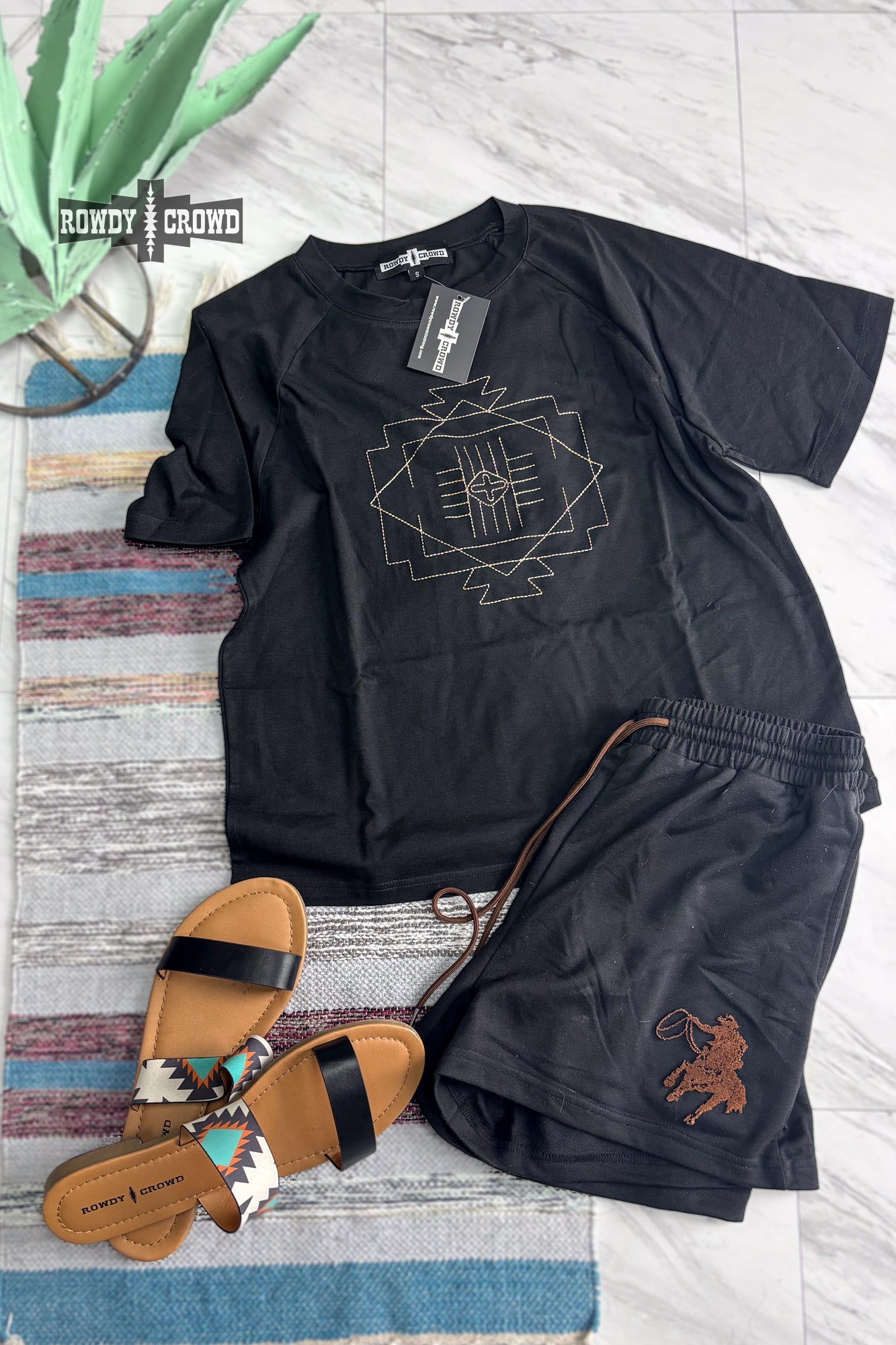 Black Seminole Canyon Top with cream Aztec-inspired stitch design – lightweight short sleeve women’s top with relaxed fit, perfect for casual or dressed-up western style