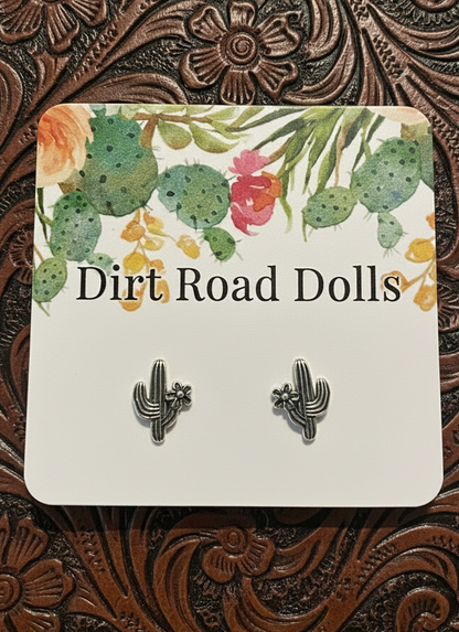 Dainty sterling silver saguaro cactus stud earrings with tiny blooming detail, minimal western design.