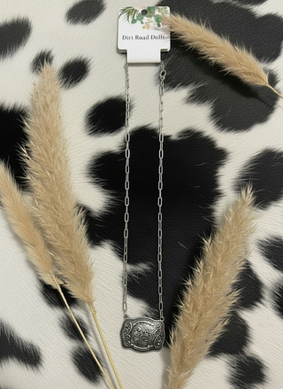 silver paperclip chain necklace with belt buckle pendant western jewelry