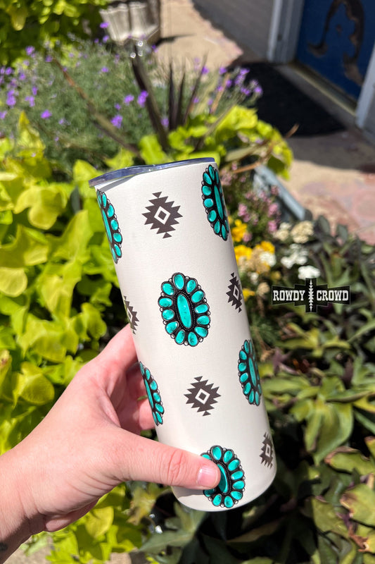 cream tumbler with black Aztec and turquoise stone design