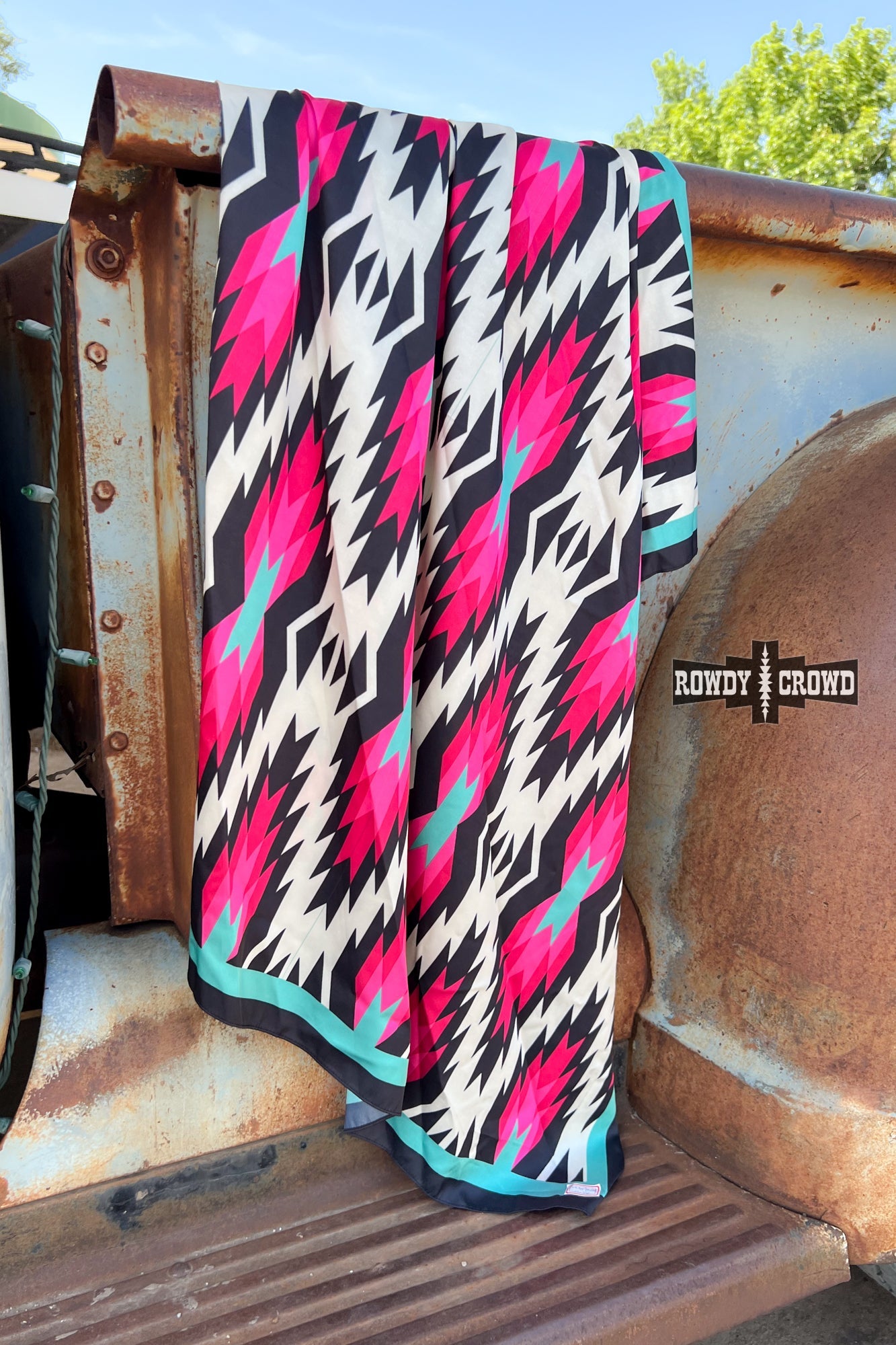 bold Aztec inspired wild rag with black cream hot pink turquoise