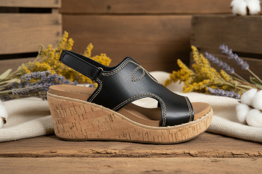 Black cork wedge sandal with western stitch embroidery, open toe, and adjustable slingback strap