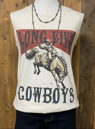 Long Live Cowboys sleeveless graphic tee featuring a bronc rider design