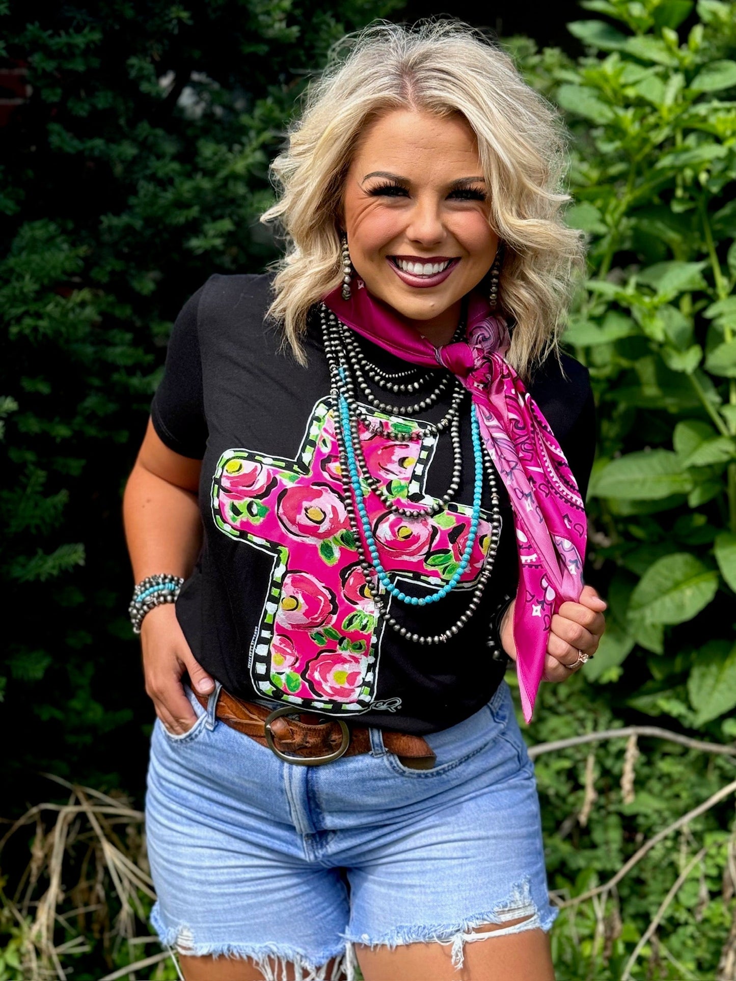 Callie Ann Stelter Pink Floral Cross Tee