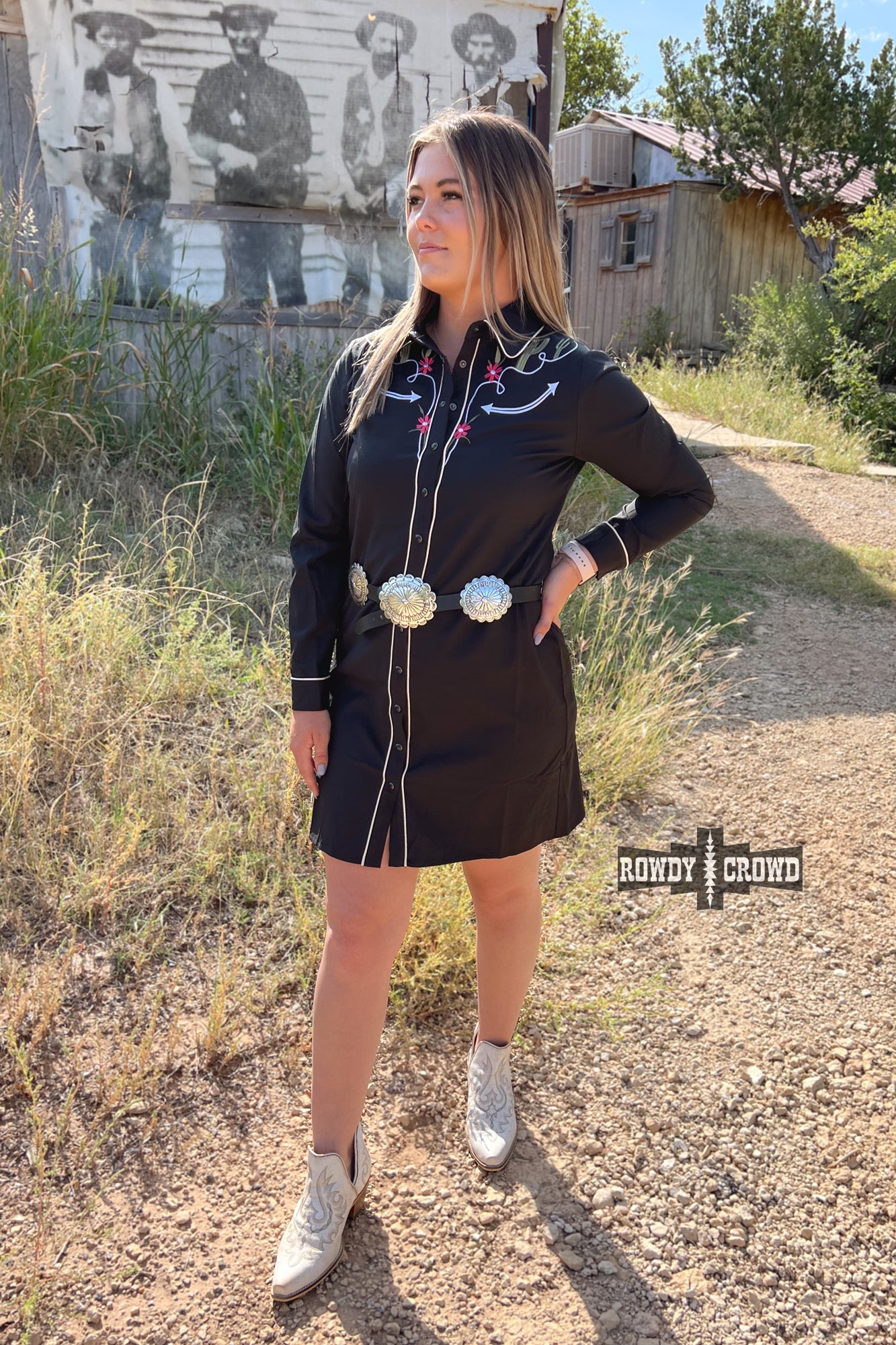 black pearl snap long sleeve western shirt dress with white piping cactus and floral embroidery