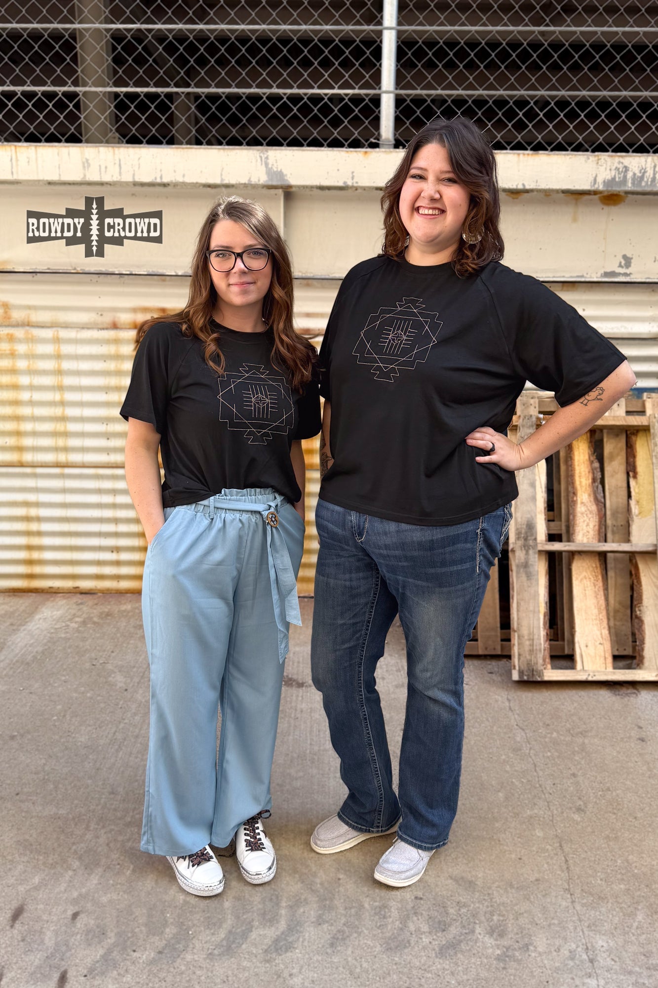 Black Seminole Canyon Top with cream Aztec-inspired stitch design – lightweight short sleeve women’s top with relaxed fit, perfect for casual or dressed-up western style