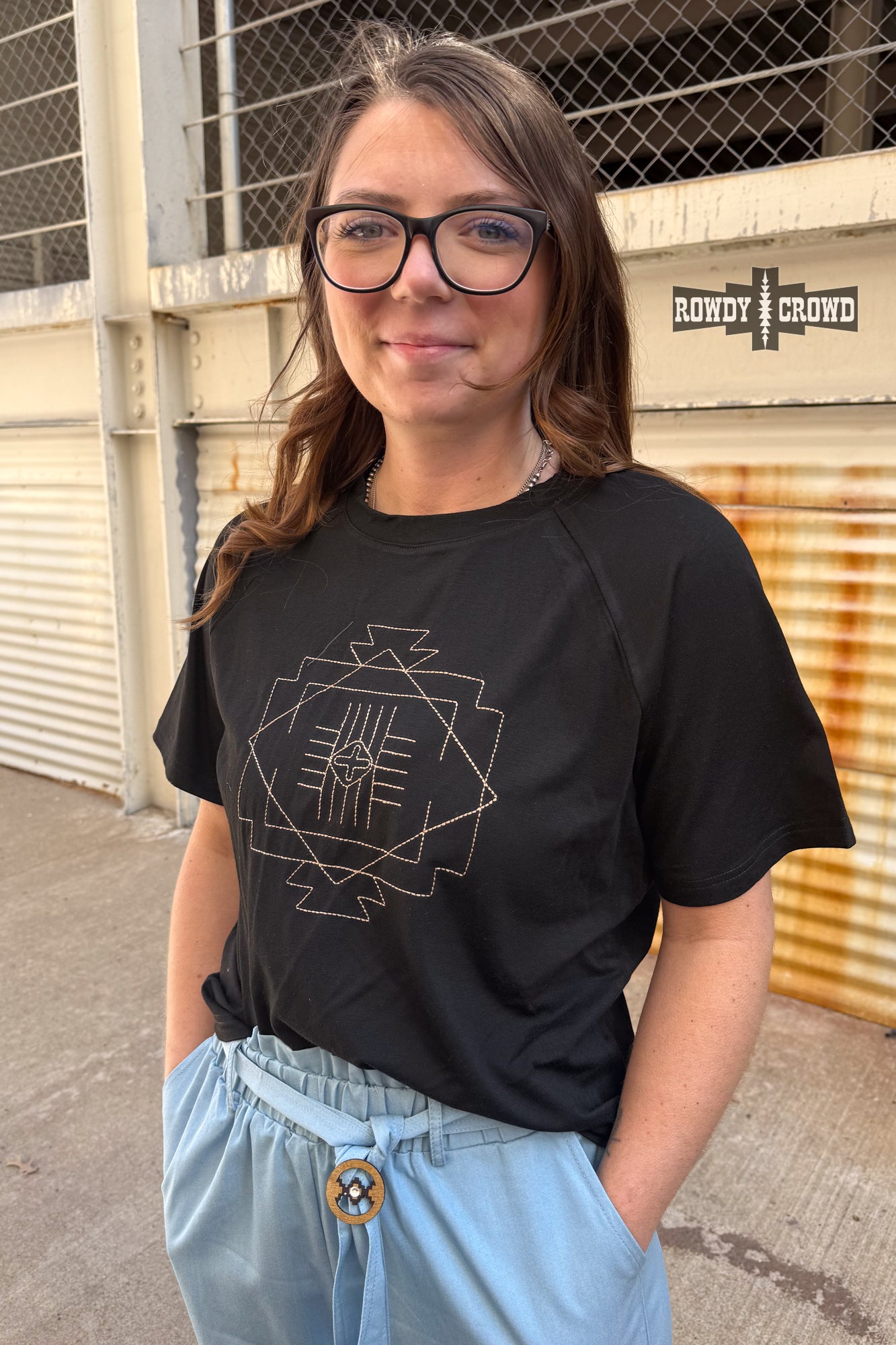 Black Seminole Canyon Top with cream Aztec-inspired stitch design – lightweight short sleeve women’s top with relaxed fit, perfect for casual or dressed-up western style