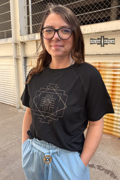 Black Seminole Canyon Top with cream Aztec-inspired stitch design – lightweight short sleeve women’s top with relaxed fit, perfect for casual or dressed-up western style