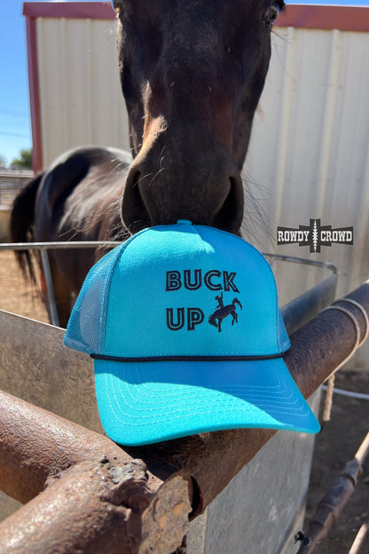 teal trucker cap with black bucking horse graphic and words BUCK UP