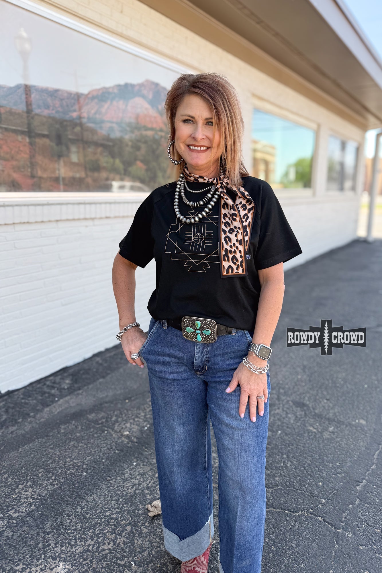 Black Seminole Canyon Top with cream Aztec-inspired stitch design – lightweight short sleeve women’s top with relaxed fit, perfect for casual or dressed-up western style