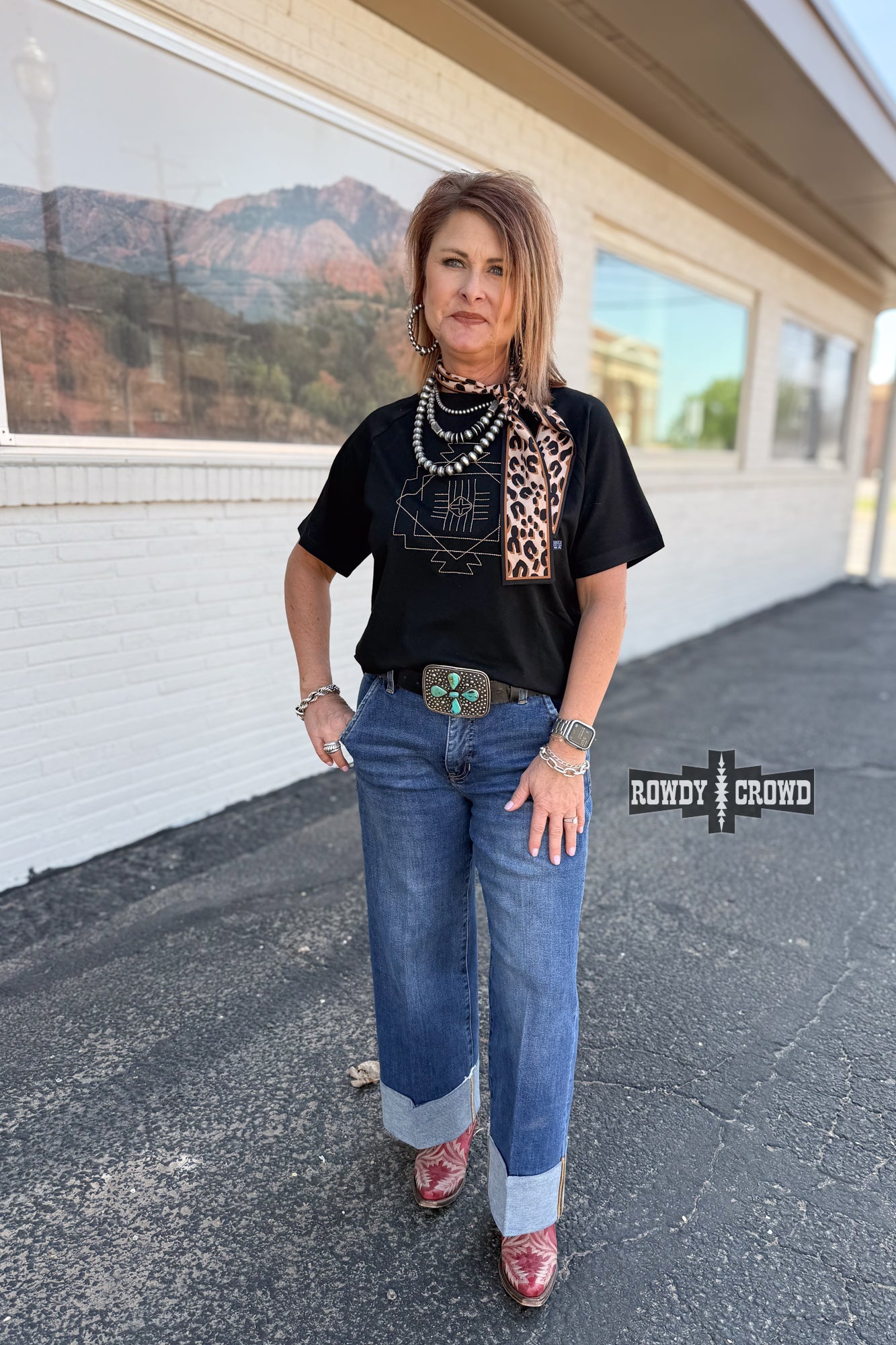 Black Seminole Canyon Top with cream Aztec-inspired stitch design – lightweight short sleeve women’s top with relaxed fit, perfect for casual or dressed-up western style