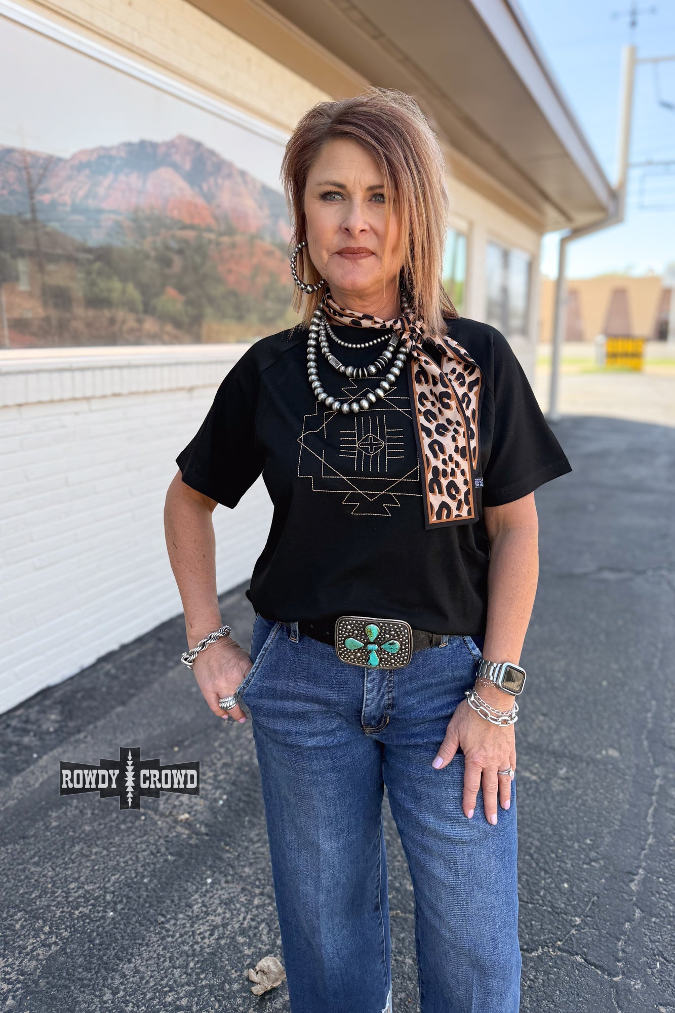 Black Seminole Canyon Top with cream Aztec-inspired stitch design – lightweight short sleeve women’s top with relaxed fit, perfect for casual or dressed-up western style