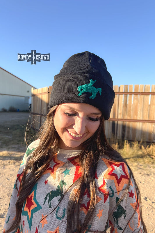 black beanie hat with turquoise cowboy riding bucking horse