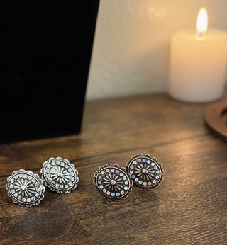 Western inspired concho stud earrings with Aurora Borealis crystal accents