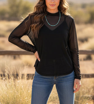 Sheer black fitted mesh top perfect for layering with western and everyday outfits