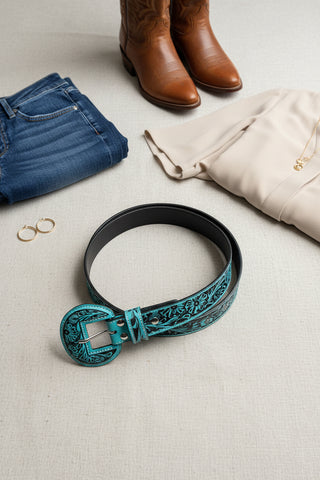 Turquoise hand tooled genuine leather western belt for women by Myra boutique accessory