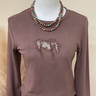 Chocolate brown long sleeve western top with bucking horse mesh cutout detail.
