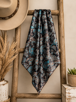 Pure silk western wild rag with turquoise and copper paisley print on black 28x28 women’s western boutique accessory