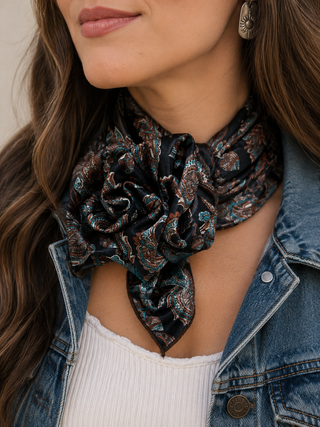 Women’s pure silk western scarf with black turquoise and copper paisley floral print boutique cowgirl accessory