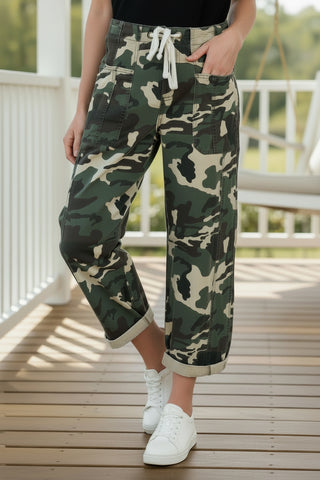 Camo print barrel pants for women with tapered leg stretch fabric adjustable drawstring waist Dirt Road Dolls Boutique