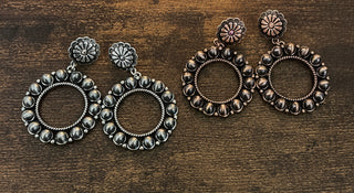 Western concho drop earrings in silver and copper toned finishes with AB center stones and open circular bead detailing