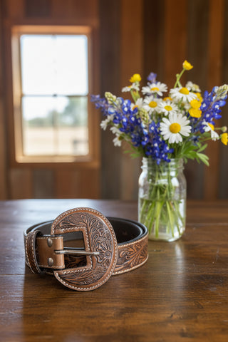 Women's brown tooled leather western statement belt by Myra 