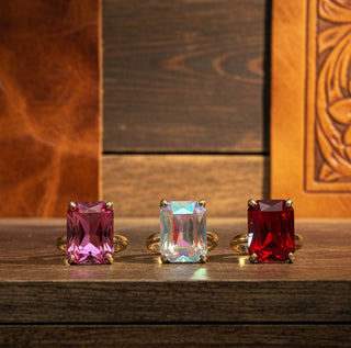 Adjustable statement ring with a large faceted rectangular stone