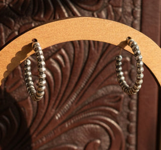 One inch silver tone beaded hoop earrings for everyday wear