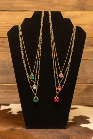 Gold layered crystal necklace set with removable chains and adjustable length