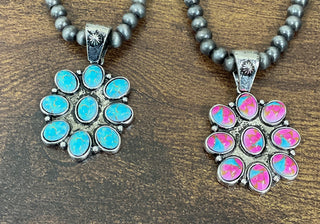 Everyday western pendant necklace with silver toned beads and colorful faux stone pendant