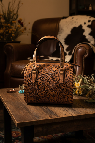 Tooled leather mini speedy bag with floral tooling and stitched edging
