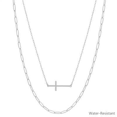 Water Resistant Silver Layered Cross Pendant Necklace