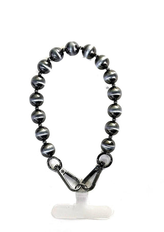 Pearl beaded wrist phone strap accessory with silver faux pearls