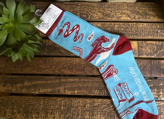 Blue western socks for women with horse floral paisley and cactus design funny gift idea