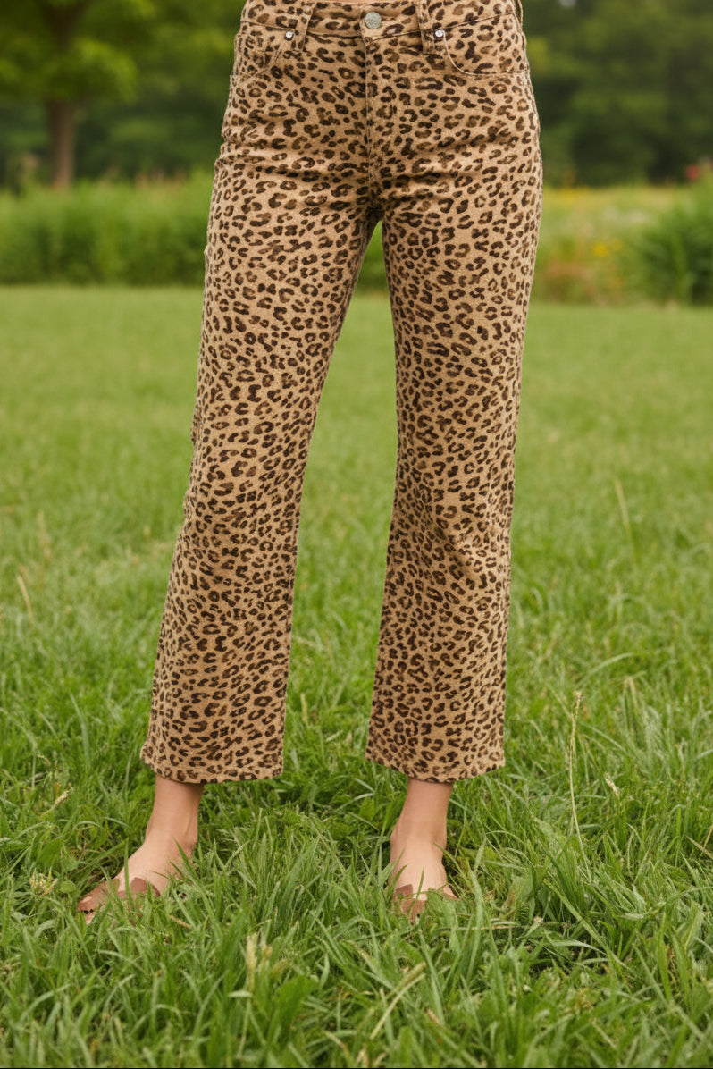 Risen Lisa cheetah print mid-rise slim straight jeans in neutral tones, ankle-length stretch denim for women